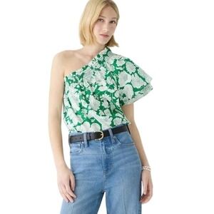 J. Crew Smocked One-Shoulder Top Kelly Green Floral S
